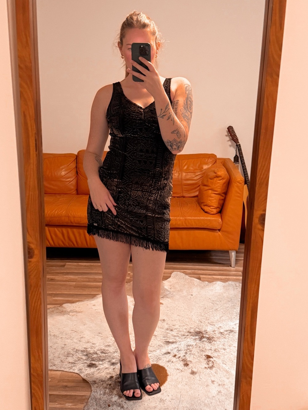 Vintage Velvet Burnout Black Sleeveless Fringe Hem Mini Dress